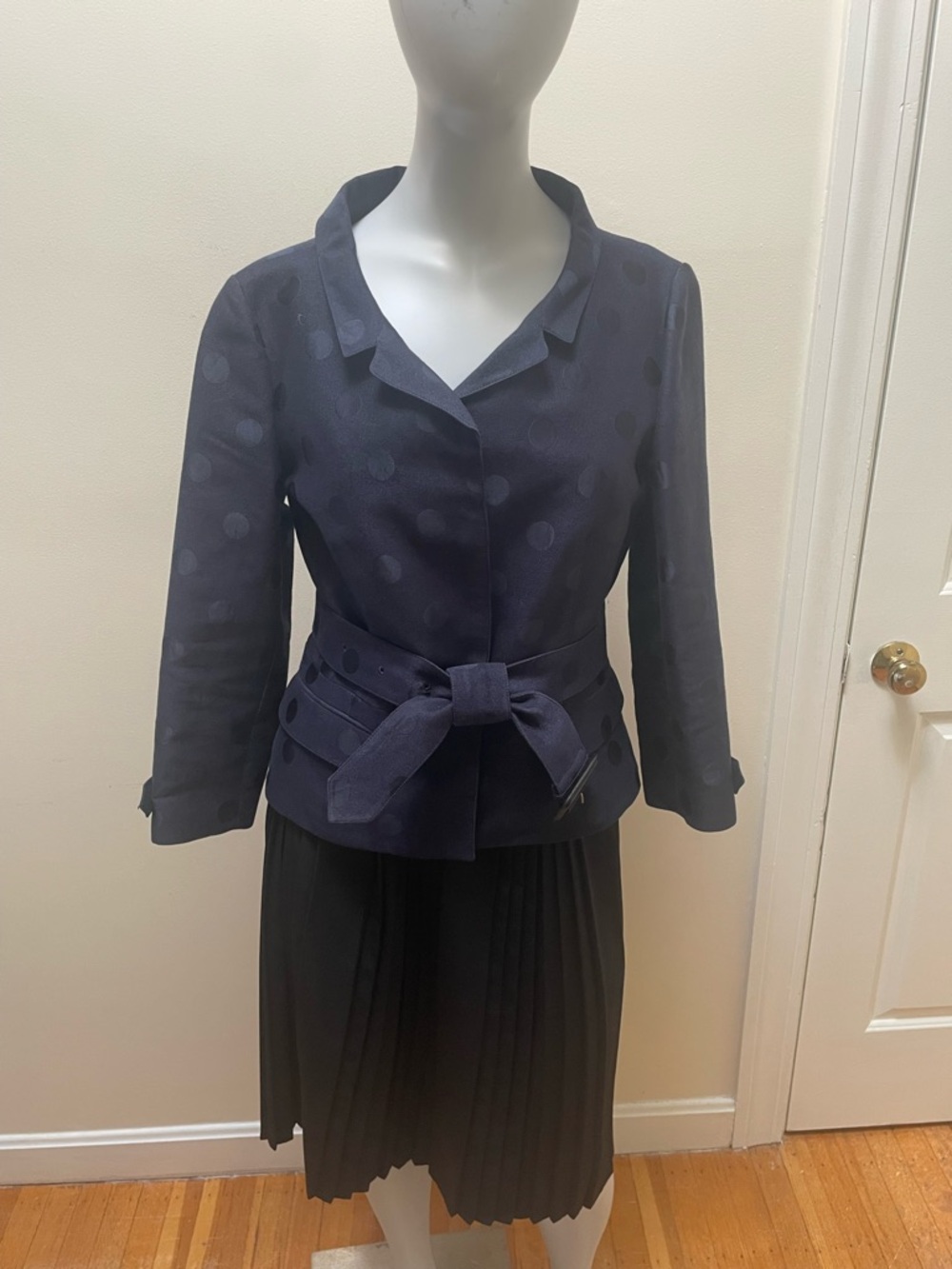 Burberry Navy Blue Polka Dot Belted Blazer